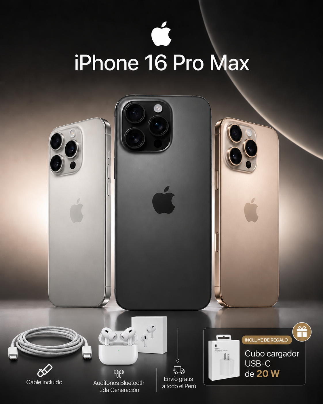 Pack LIBENS - iPhone 16 Pro Max + Cargador + Audífonos Bluetooth + Envío Gratis